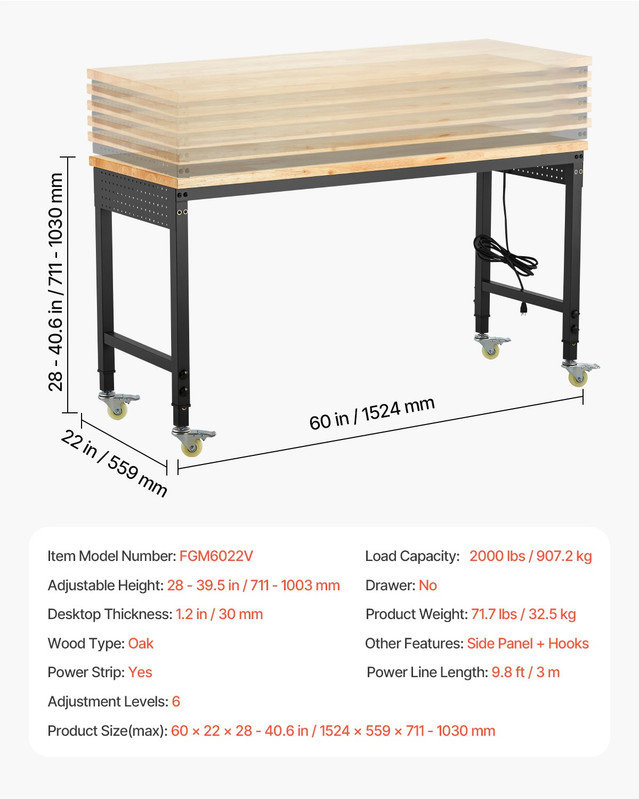 60" Adjustable Height Mobile Workbench with Lockable Wheels, Power Outlet & Pegboard, Heavy-Duty Multi-Functional Workshop Table