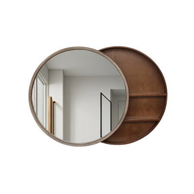 23.62" Sliding Round Wall Mirror With Storage Shelves - 2-Tier Wooden Side Cabinet, Space-Saving Hanging Mirror For Bathroom Vanity, Bedroom & Entryway
