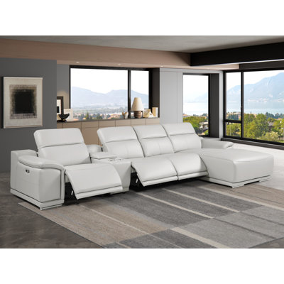 Canapé modulaire blanc en L en cuir véritable 5 pièces faisant face à droite avec 3 fauteuils inclinables électriques et appuis-tête réglables