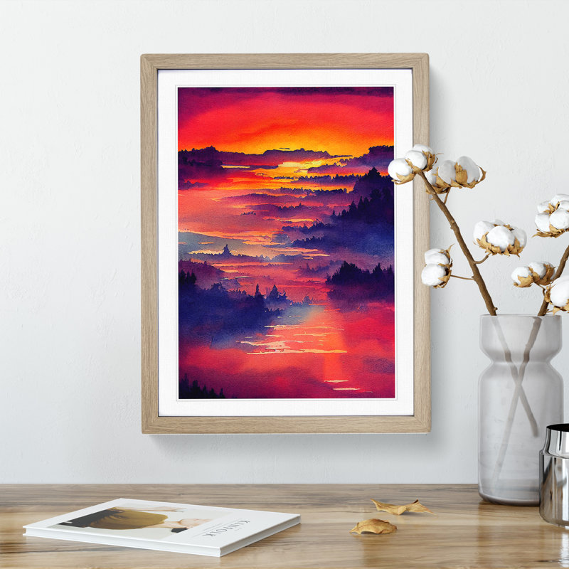 Sunset over Mountains - Wall Art, White, 46cm H x 34cm W x 2cm D, Brown Framed
