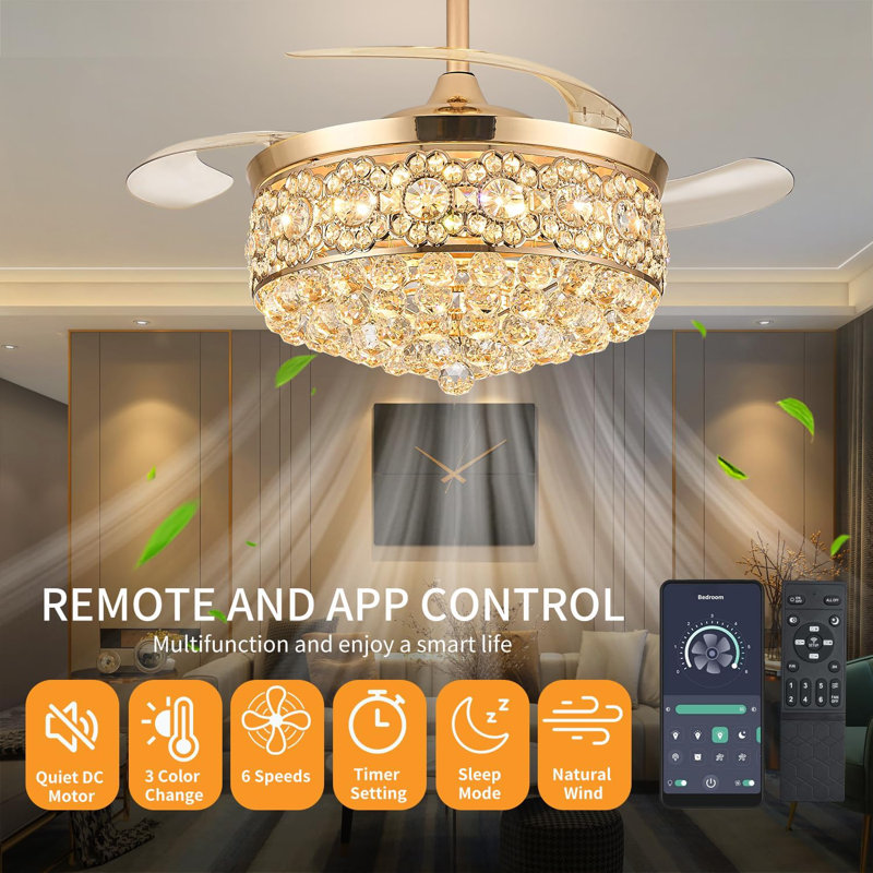 42" Retractable Crystal Fandelier Ceiling Fan With Light, Dimmable LED, 6 Speed, Reversible Airflow, Remote & App Control For Bedroom Living Room