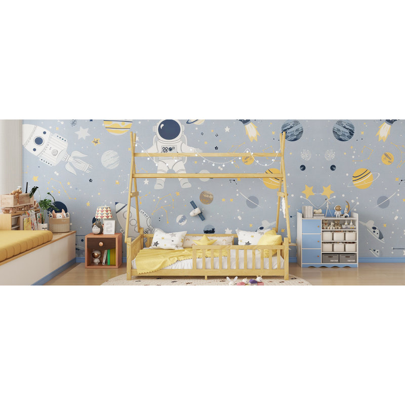Lit simple en bois naturel avec refuge pour enfants multifonctionnel à DEL