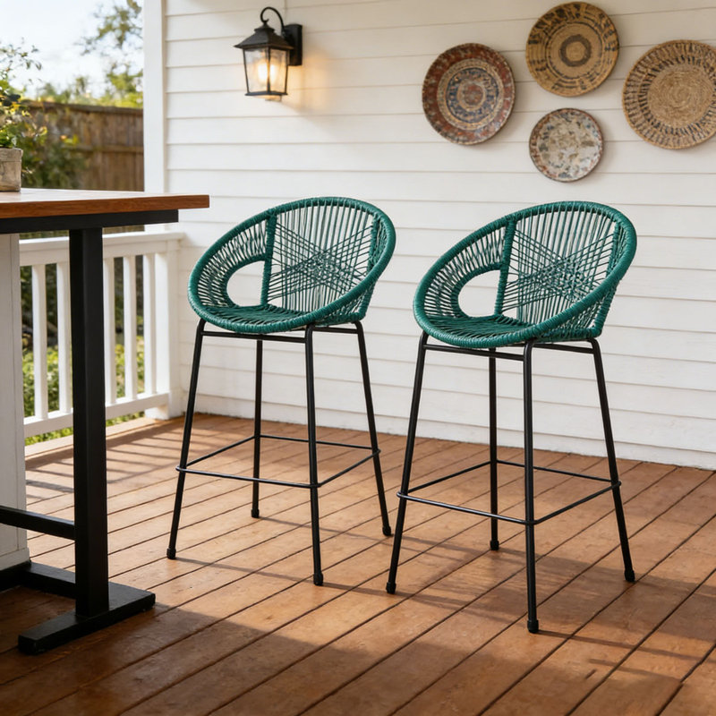 Outdoor Patio Black Faux Wicker Barstool Set, Teal