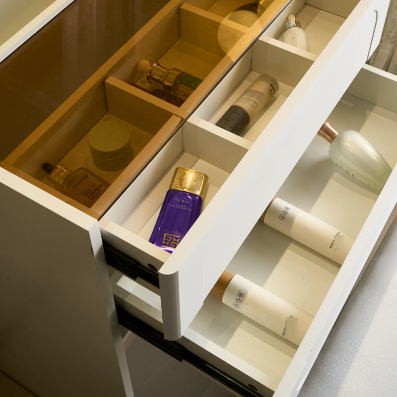 Meuble-lavabo blanc 3 en 1 avec tiroirs, miroir rabattable, tabouret, maquillage à DEL et grand rangement pour l'éclairage de la chambre à coucher