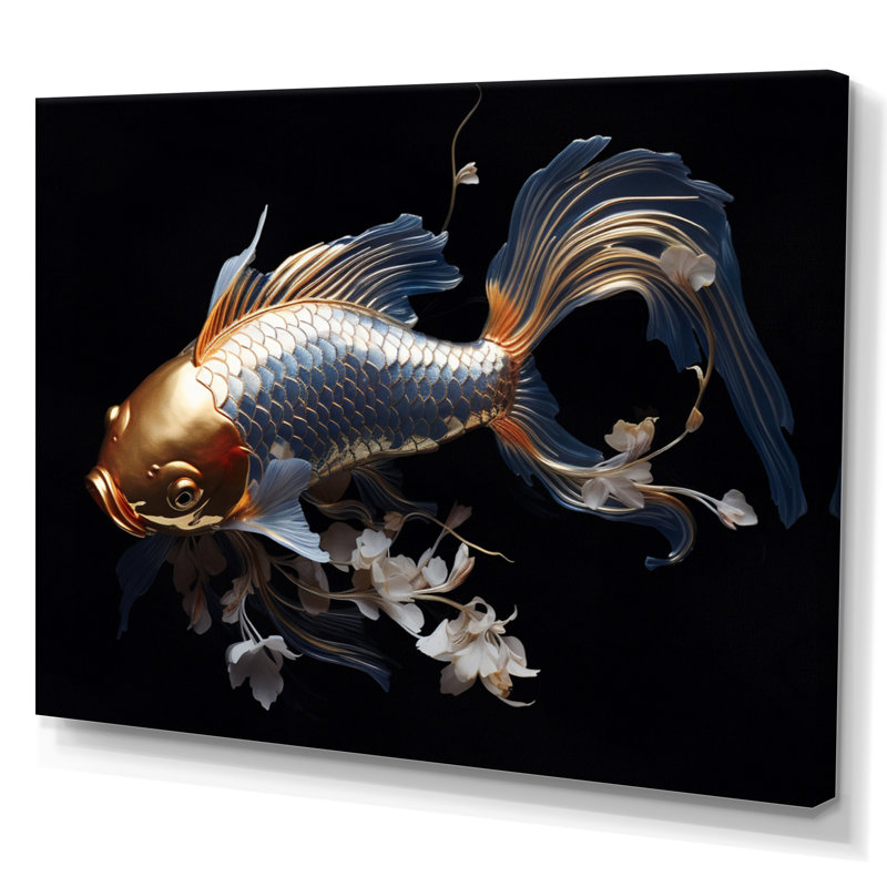 Gold Kois Fish Mysterious Shadows - Animals Wall Art Living Room, H 16 po x l 32 po x P 1 po, Toile tendue