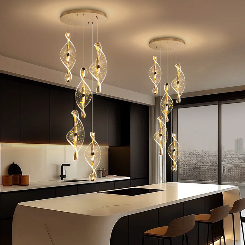 Lustre moderne 5 lumières à DEL en acrylique, 3600 Lumens, 78" H x 15.7" W x 15.7" D, Gold