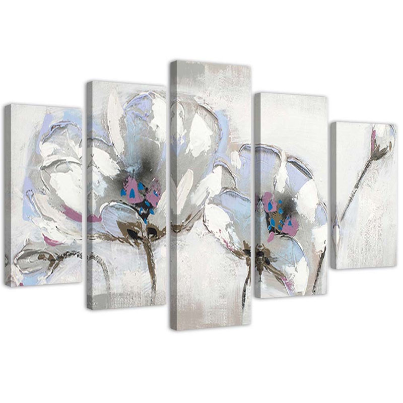 White Painted Flowers - 5 Piece No Frame Print on Canvas