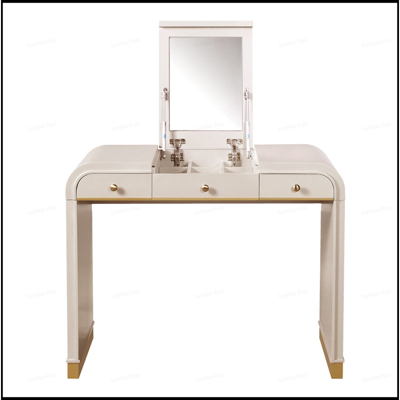 Classic Wood Vanity Desk with Flip Mirror, 3-in-1 Dressing Table with 2 Drawers and Storage Space for Bedroom, Beige