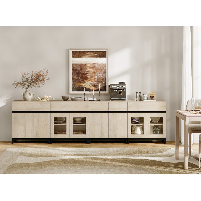 4 In 1 Sideboard Buffet Cabinets With Glass Doors And 2 Drawers, Modern Sideboard Credenza With Adjustable Shelf And Metal Base, Coffee Bar Cabinet Storage Cabinet For Kitchen