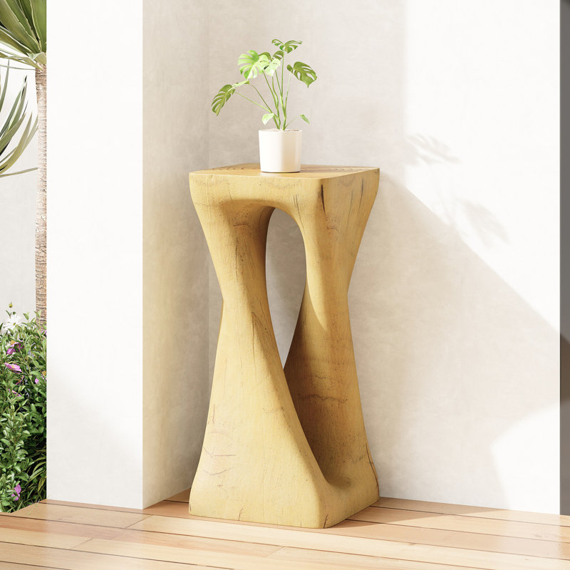 Table d'appoint d'extérieur torsadée, table décorative avec texture bois, béton léger pour patio, balcon, plage, bord de piscine, couleur naturelle, aucun assemblage requis, hauteur 68 cm (26,8 pouces).