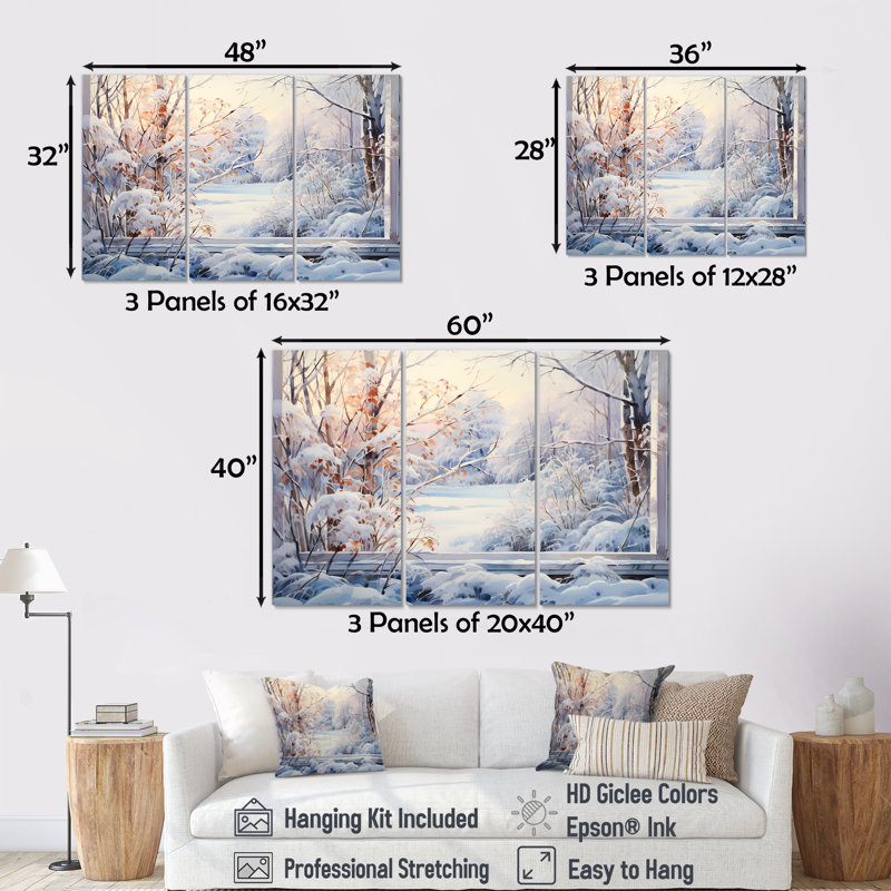 «Winter River Window View III - Winter Landscape», art mural, H 28 po x l 36 po x P 1 po, Toile tendue