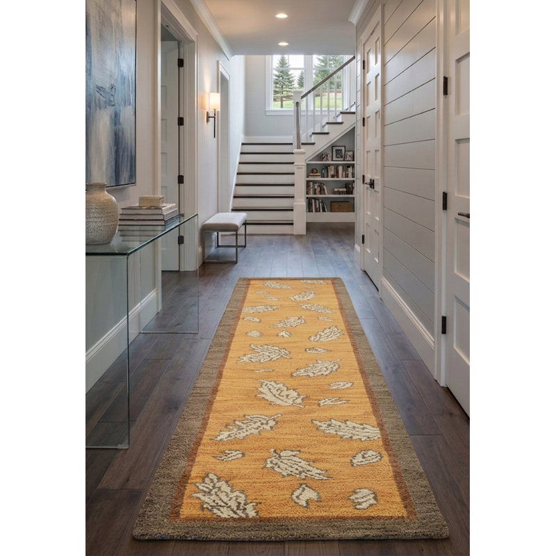 Gold | Brown Wool Handmade Floral Indoor Area Rugs Hand Knotted Runner, Runner 2'6" x 10'
