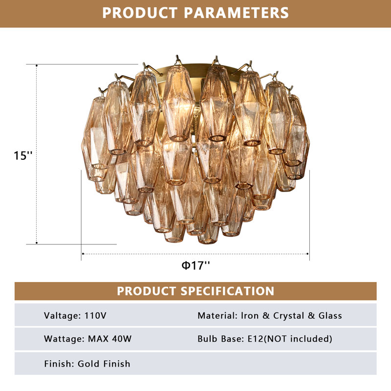 Plafonnier en cristal, Six lumières, H 11 po x l 22 po x P 22 po, Doré