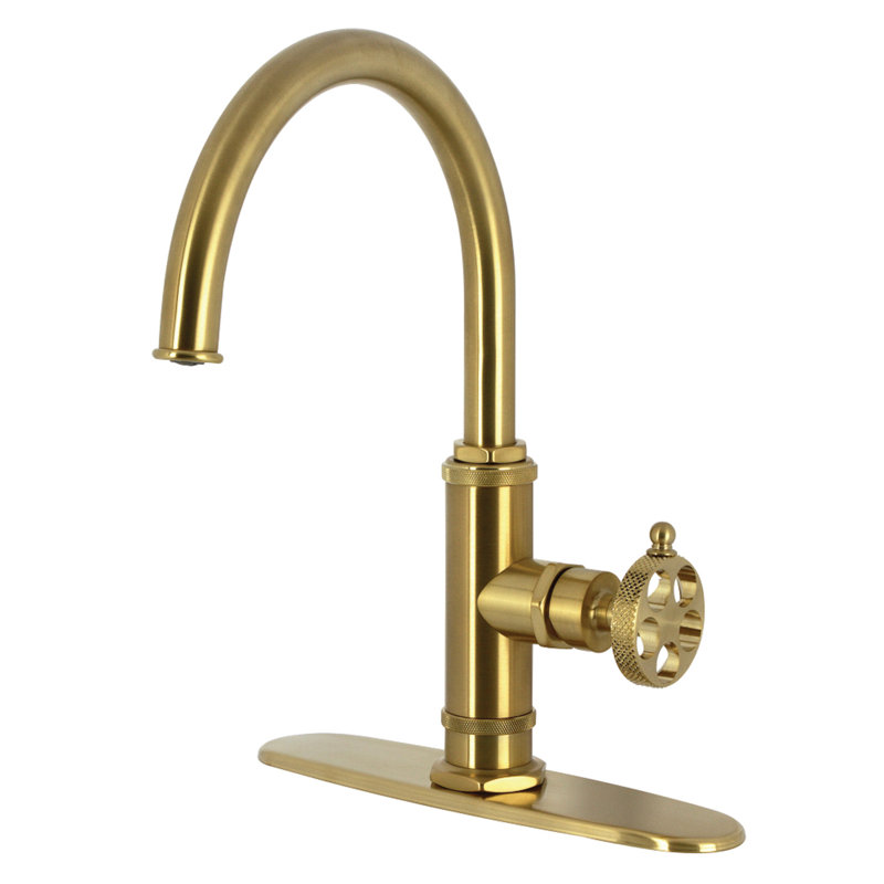 Kingston Brass Webb Single-Handle 1-Hole Deck Mount Kitchen Faucet with Knurled Handle and Brass Side Sprayer, Brushed Brass