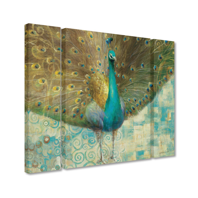 Ensemble de 3 reproductions d’art sur toile tendue, "bleu-vert peacock on gold" par danhui nai, H 24 po x l 32 po x P 2 po