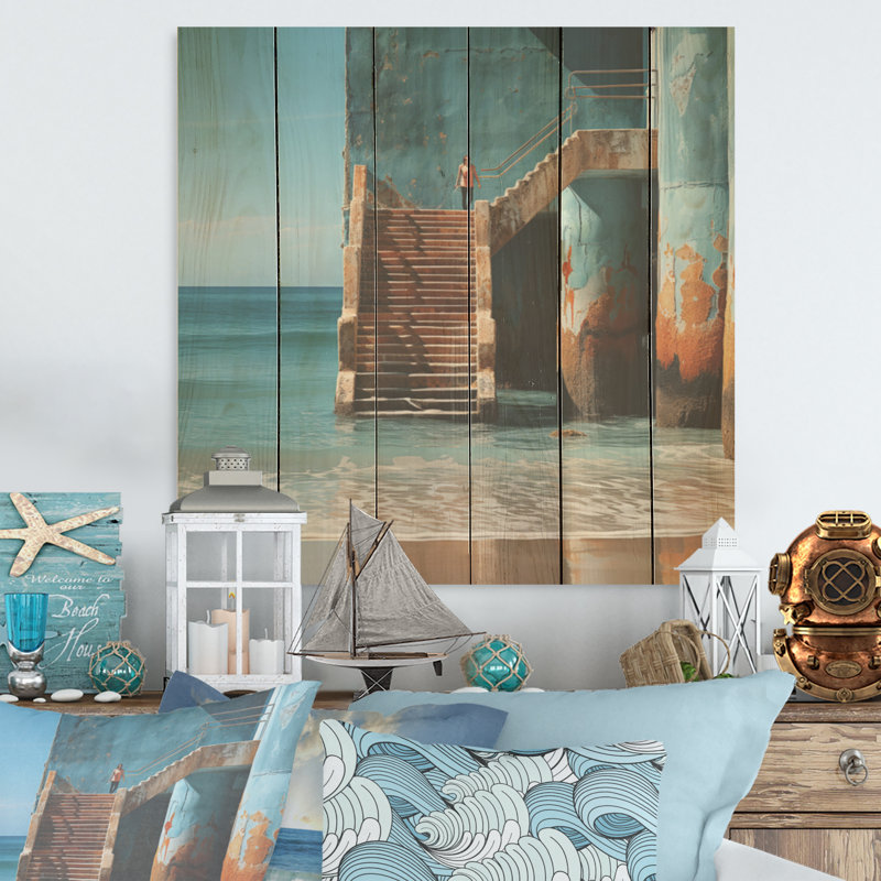 Beach Pier Urban Waterscapes I - océan, art sur bois de pin naturel, H 30 po x l 30 po