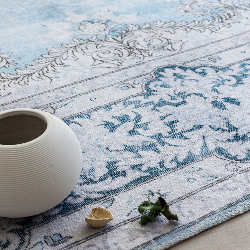 Blue Vintage Distressed Washable 9' x 12' Synthetic Rug