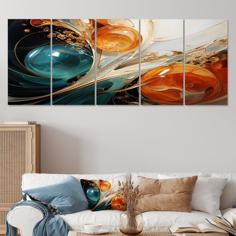 Encre blanche blanche, bleue et orange, tempête III - ensemble de 5 peintures murales abstraites, H 28 po x l 60 po