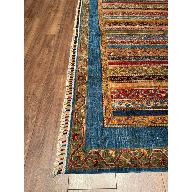 Tapis bleu original en laine et coton noué à la main