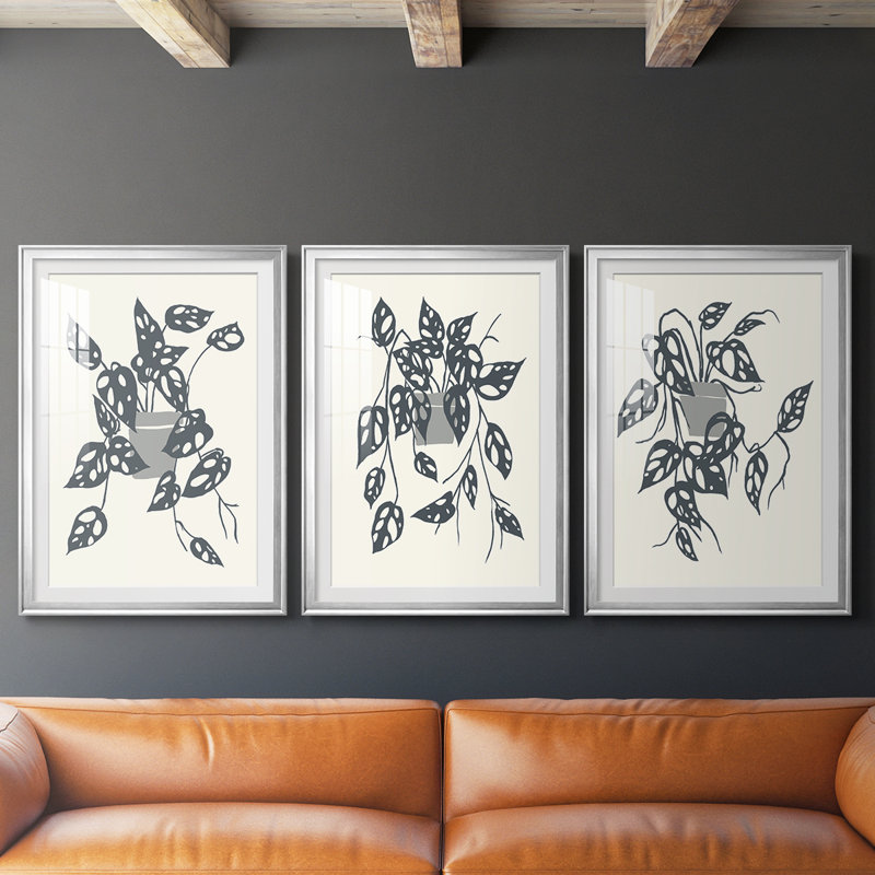 «Growing Leaves IV», impression encadrée sur mesure de qualité supérieure - 3 pièces, H 19 po x l 45 po, Argent argent