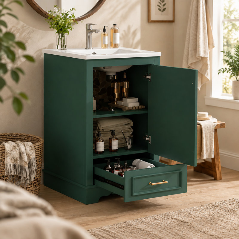 Meuble-lavabo vert de 51,5 cm (20,3 pouces) avec lavabo en céramique et tablette ajustable