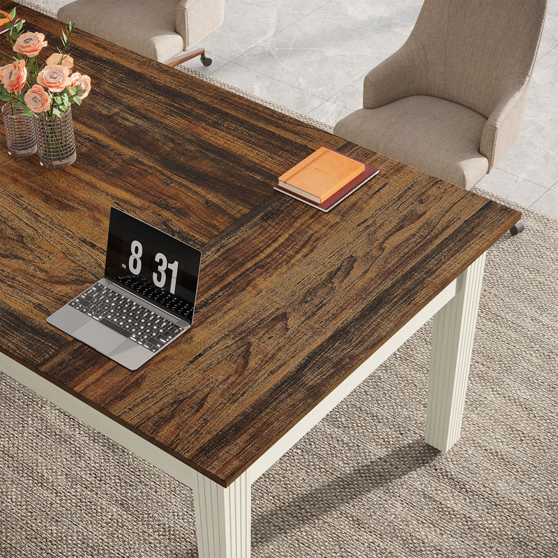 62-Inch Computer Desk, Large Office Executive Desk With Solid Wood Legs, Dark Brown/White