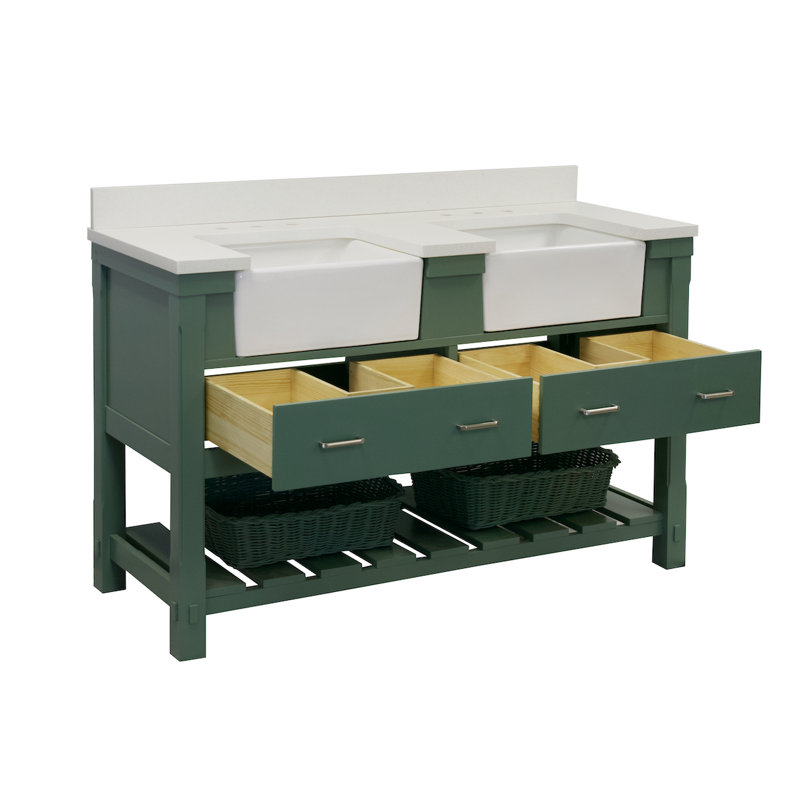 Ensemble de meuble-lavabo double 60 po Hitton, Vert sauge, Quartz
