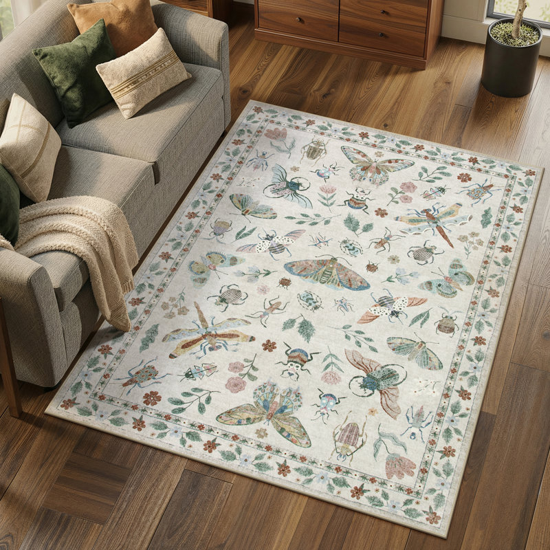Insect Print Washable Rugs for Living Room Ultra-Thin Non-Slip Modern Bedroom Large Carpet, Rectangle 5' x 7'
