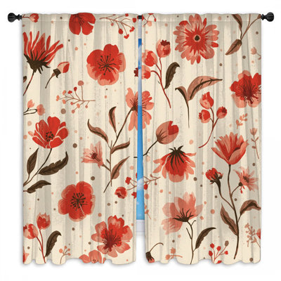 Red Floral Pattern Window Curtains Flowers Sheer & Room Darkening - 2 Panels