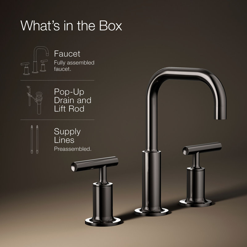 Purist® Widespread Faucet with Drain Assembly Low Lever Handles and Low Gooseneck Spout, Vibrant Titanium