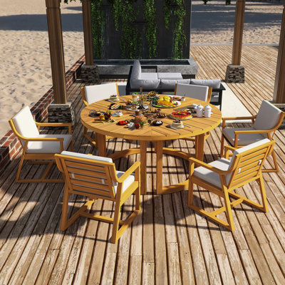 Ensemble de table de salle à manger en teck pour 6 meubles d'extérieur en bois avec coussins amovibles beiges Table Table de salle à manger ronde avec trou pour parasol 1,96 po ｜