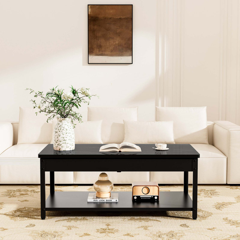 Table basse rectangulaire à double couche avec compartiment de rangement caché et verrou d'empreinte digitale - Table de salle à manger de salon