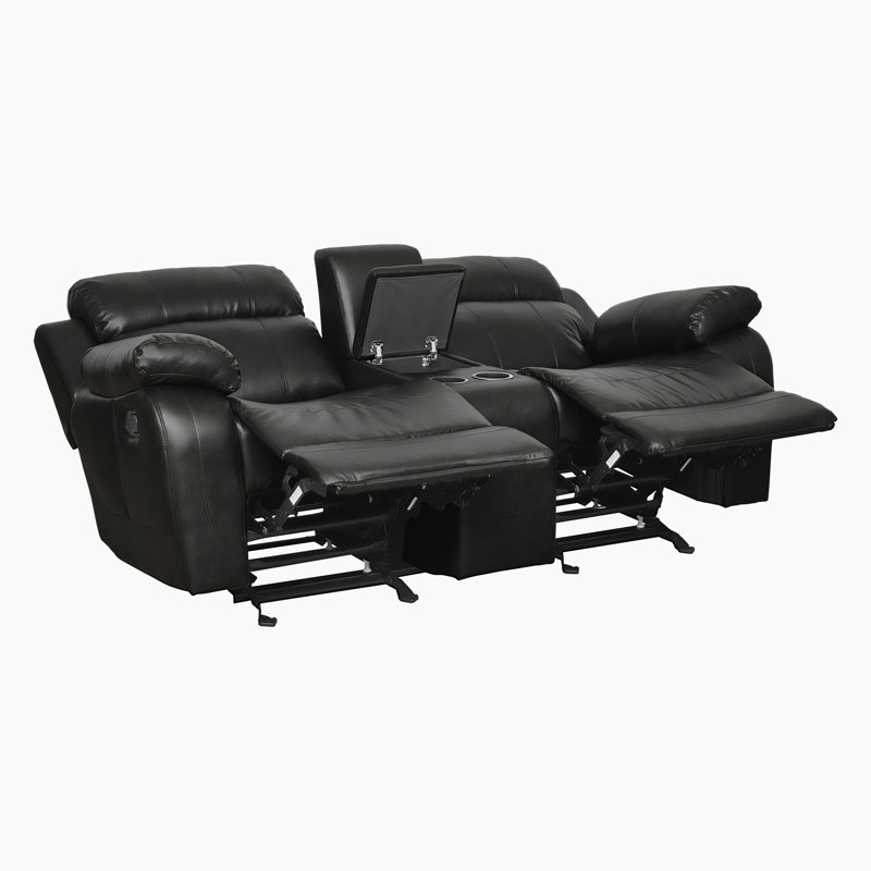 Nazeeha 77.5" Modern & Contemporary Faux Leather Double Glider Reclining Loveseat with Center Storage Console, Tab Pull Reclining & Gentle Gliding Motion