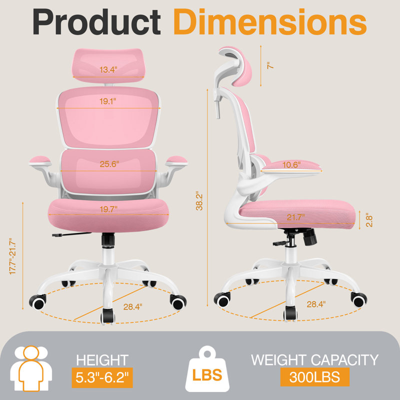 Lidwien Ergonomic Breathable Mesh Office Chair with Adjustable Headrest and Flip-Up Arms, White/Pink