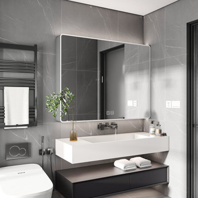 Armoire à pharmacie en aluminium avec miroir, armoire à pharmacie de 35 po x 28 po avec lumière DEL 3S et fonction de désembuage, armoire de salle de bain avec étagère à cosmétiques et support pour sèche-cheveux