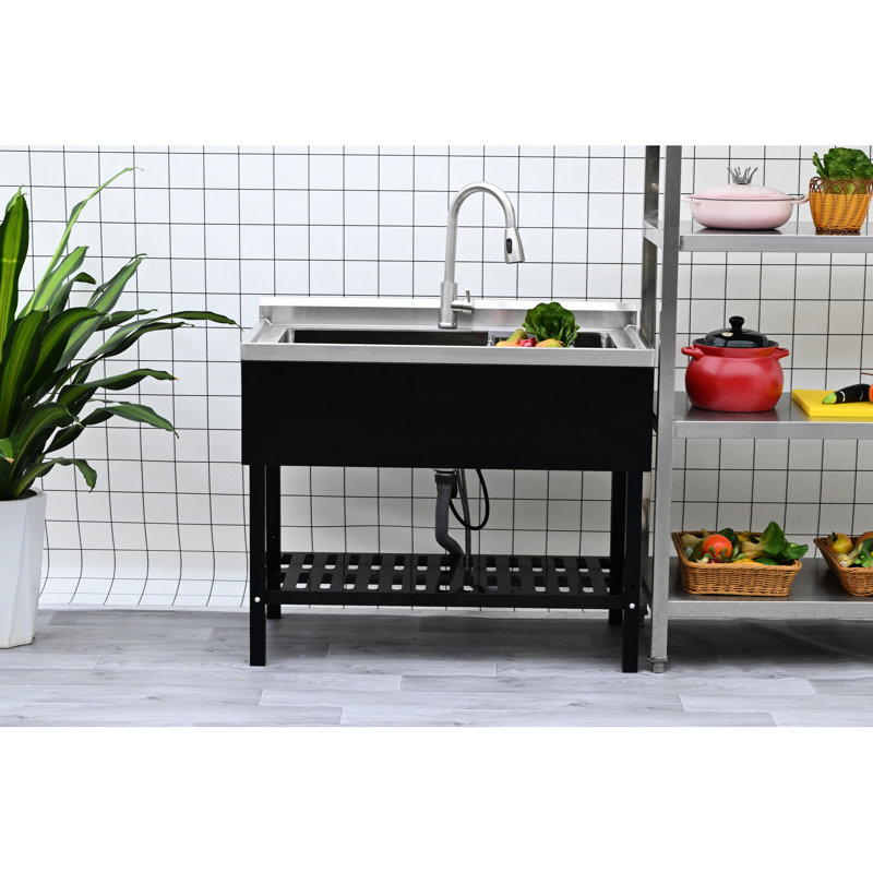 Évier utilitaire en acier inoxydable avec contraste noir et argent, profondeur de 40 pouces, largeur de 24 po, hauteur de 34 po, 42 livres, grand compartiment pour les gros articles, robinet escamotable, grille de rangement inférieure