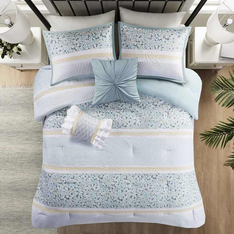 Literie en seersucker double / grand avec coussins décoratifs - en édredon jaune et bleu à motif floral imprimé botanique blanc