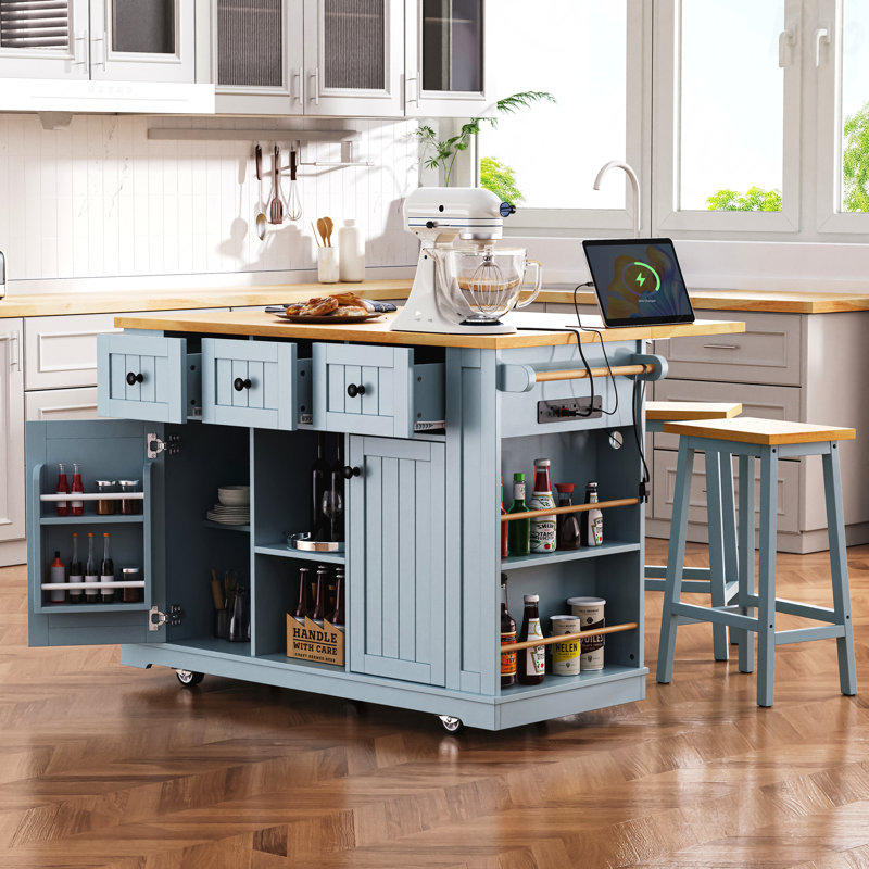 53Inch Large Kitchen Island With 2 Bar Stools,Power Outlet,Door Internal Storage Rack,Kitchen Storage Cart On 5 Wheels With Drop Leaf,5 Open Side Racks,3 Drawers (Three Packages)