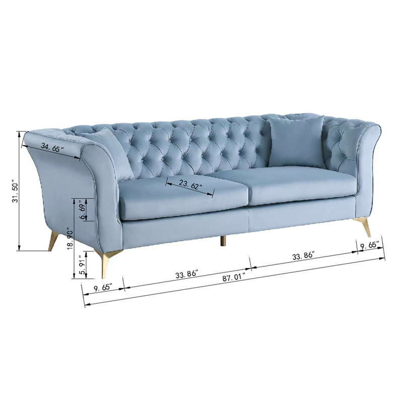 87" Oro Chesterfield Sofa with Flared Arms, Blue Velvet