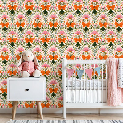 Peel and Stick Wallpaper Floral Butterfly Pink Flowers Orange Insects Whimsical Botanical Folk Contact Paper Removable Self Adhesive Wall Mural Wall Decor for Bedroom Kitchen Cabinets 24in x 118in