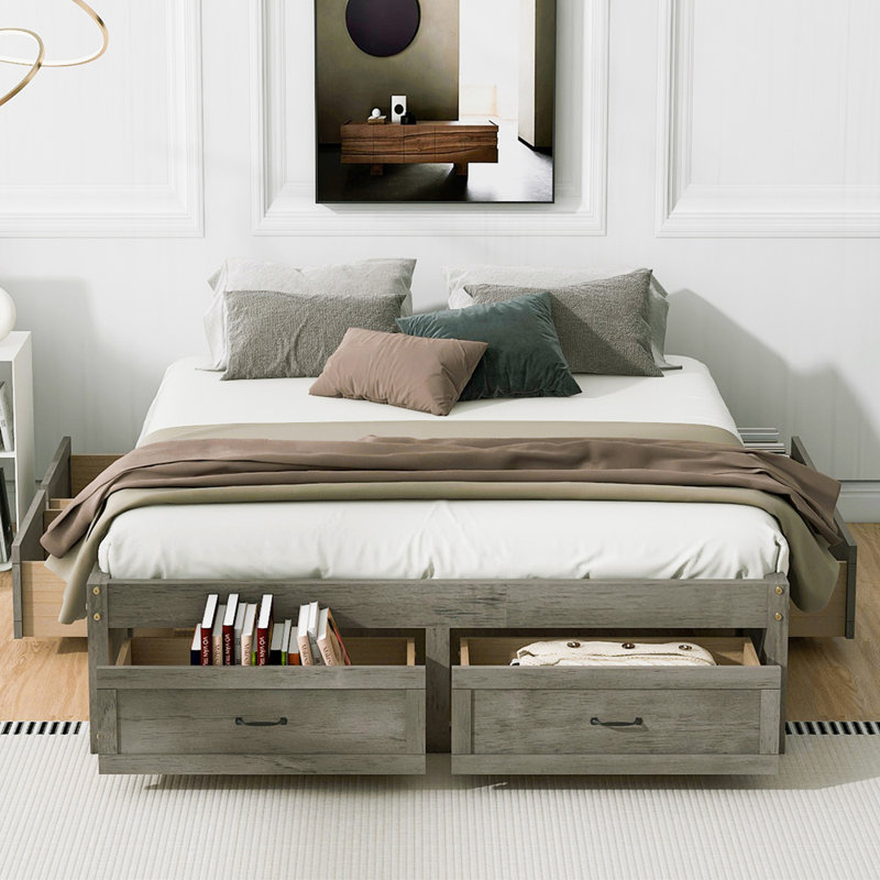Grand lit plateforme avec 6 tiroirs de rangement, Gris antique, Grand lit