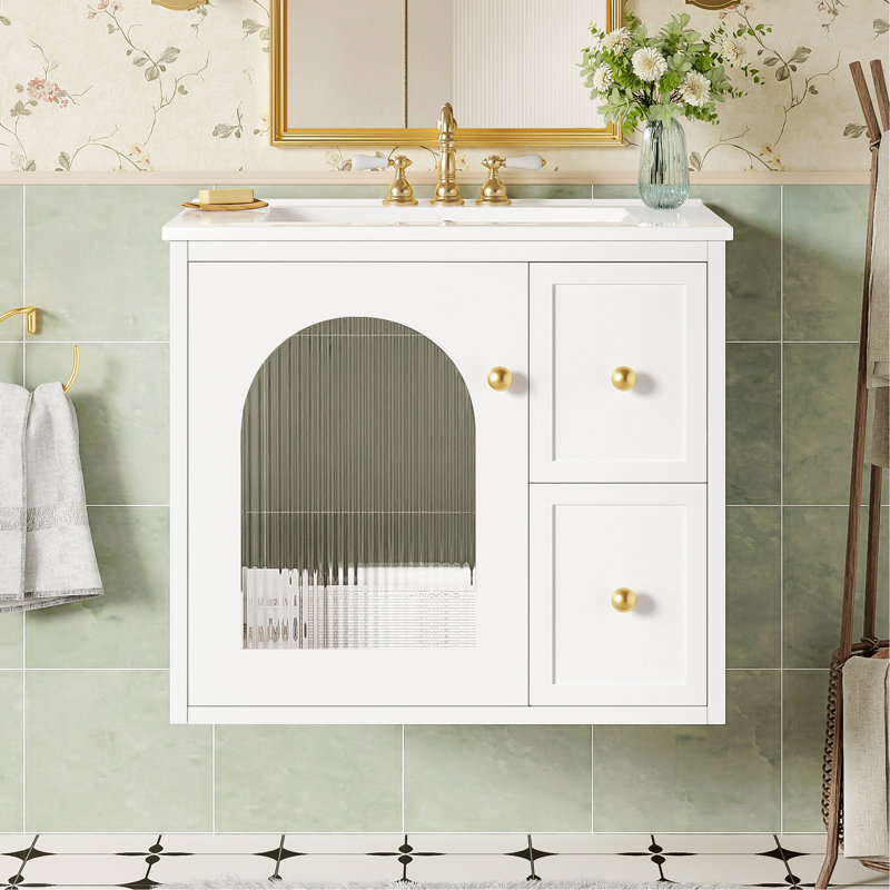 Meuble-lavabo, meuble-lavabo avec lavabo en céramique, 2 tiroirs et 1 porte à fermeture en douceur