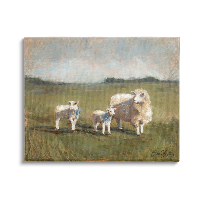 «Sheep and Lamb Family», Sara Grazing - peinture sur toile tendue, H 24 po x l 30 po x P 1,5 po