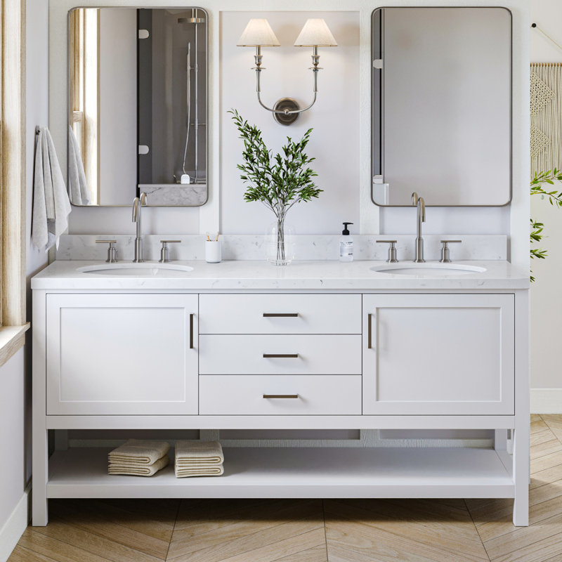73'' Double Bathroom Vanity with White Quartz Top, Carrara White Quartz, White, Oval