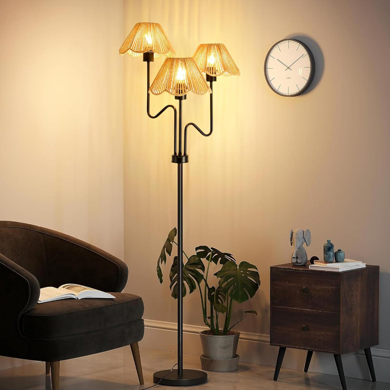 Boho Rattan Floor Lamp With Remote Control, 3-Light Adjustable Tree Lamp, Dimmable LED Bulbs, Perfect For Living Room And Bedroom Decor