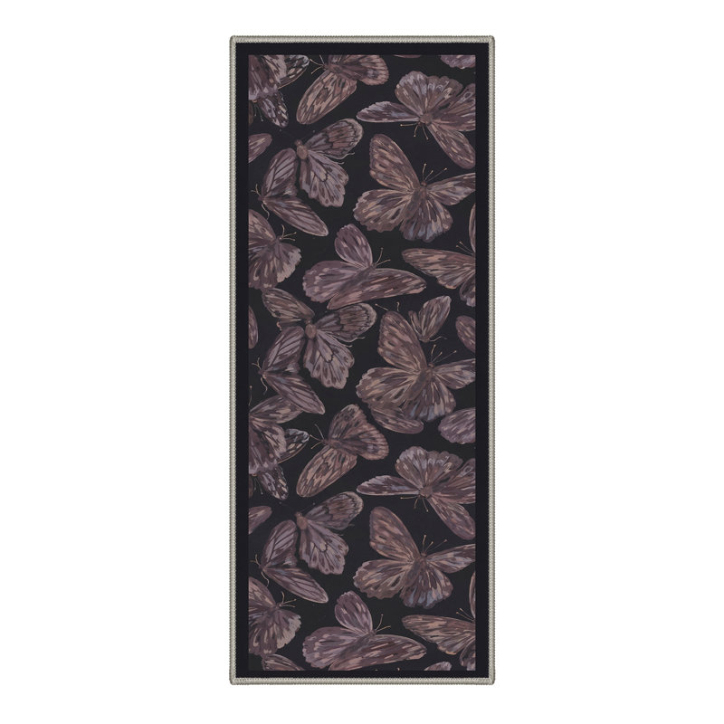 Aura Boho Butterflies Animal Print Machine Washable Purple / Black Indoor Area Rug with Non-Slip Backing, Runner 2' x 6'