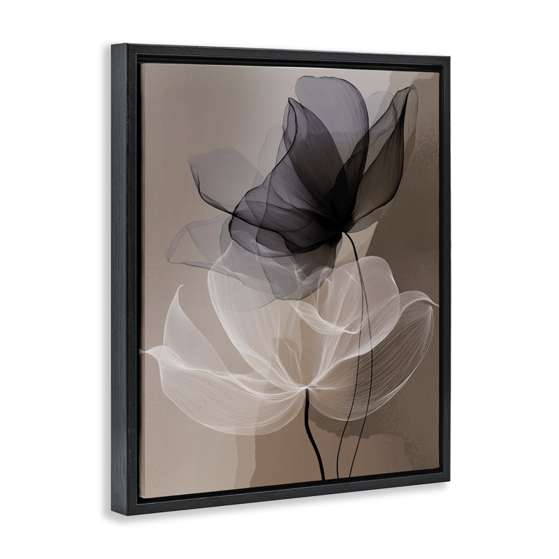 «Gauzy Flowers on Brown Gold», art par Annabelle Hall, H 31 po x l 25 po, Cadre flottant noir de jais