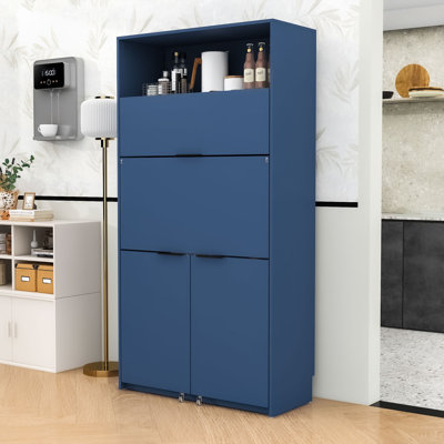 Compact Kitchen Pantry with Hutch, Foldable Workstation, Adjustable Shelf and Power Outlet