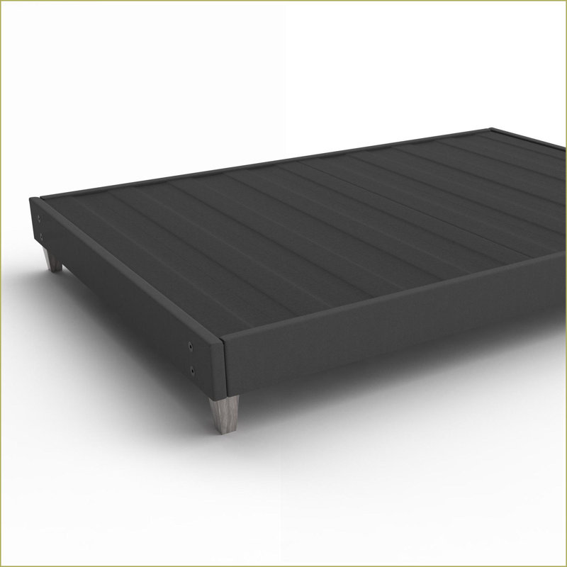 Full Size Fabric-Covered Bed Frame Foundation – Quick No-Tool Assembly, Modern Faux Wood Legs for Guest/Rental Spaces, Full