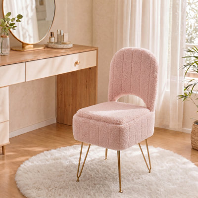 Tabouret de coiffeuse avec dossier, repose-pieds carré avec compartiment de rangement dissimulé, tissu en fausse fourrure douce, capacité de poids de 280 lb, style moderne pour le salon de la chambre à coucher